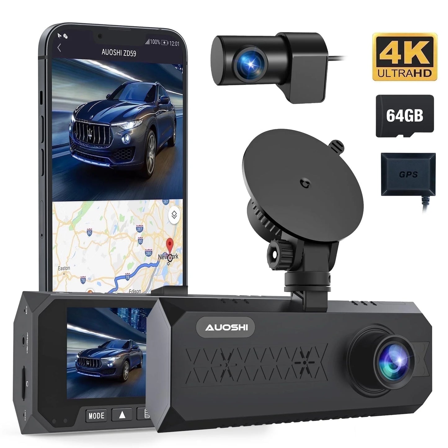 3 Channel Dash Cam Front and Rear, 4K/2.5K + 1080P Premium Car Camera for Cars with Wi-Fi GPS, Night Vision, 3.16" IPS Touchscreen, 24H Parking Mode, WDR, Type-C, 64GB SD Card Included